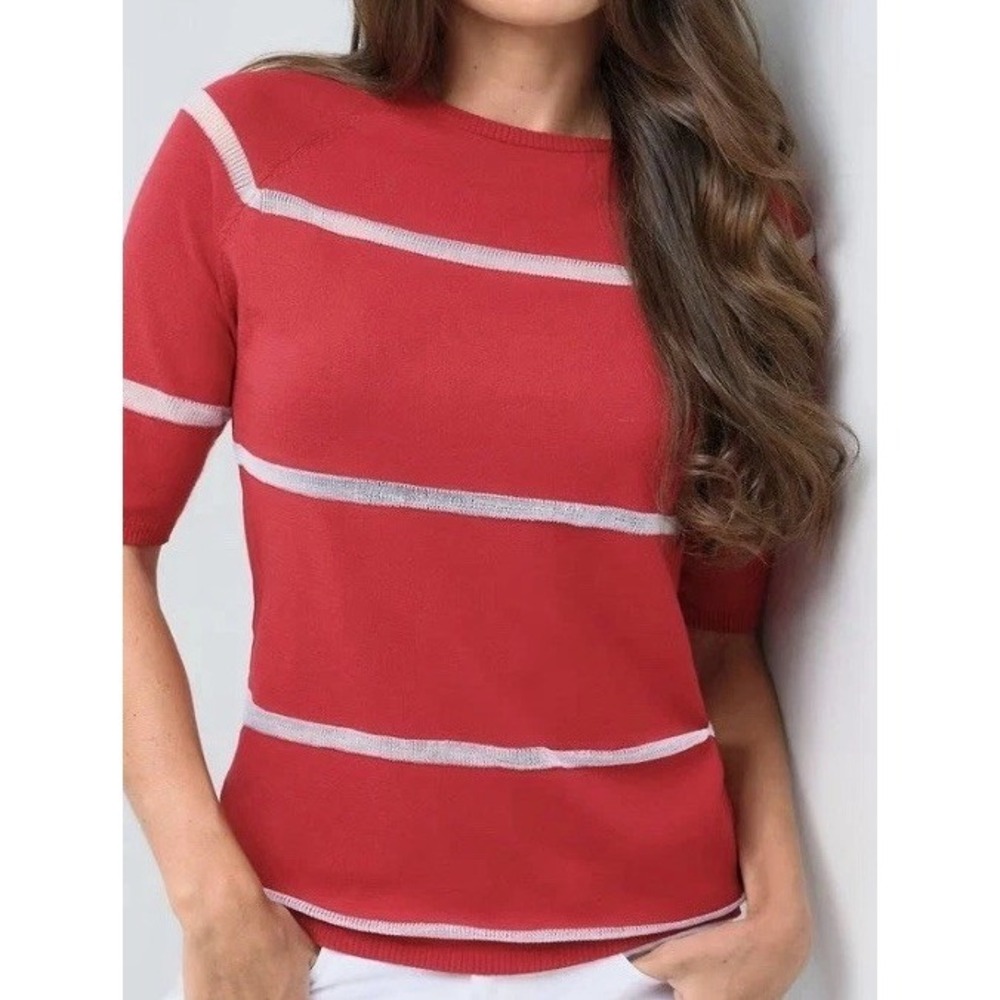 $248 ANATOMIE Campbell Sheer Stripe Pullover Top in Atomic Red Medium